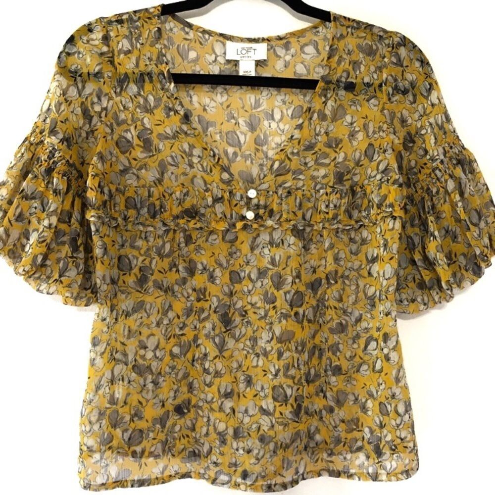 Loft Floral Sheer V-Neck Blouse Yellow, V-neck